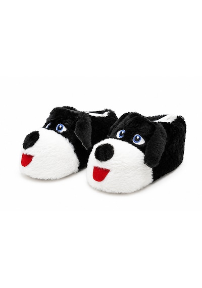 Modafocus Sevimli Köpek Figürlü Sessiz Kaydırmaz Taban Peluş Unisex Ev Pandufu Sevgili Kombin Terliği Siyah