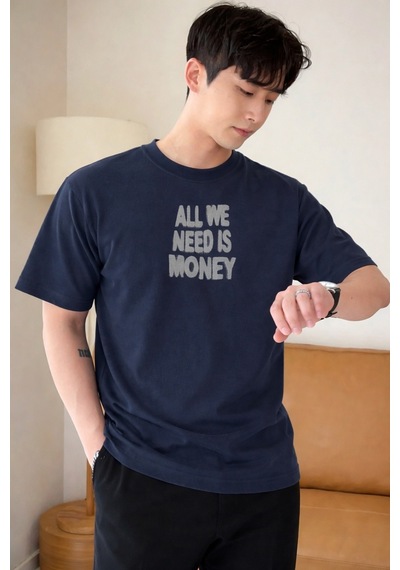 Tarz Cool Erkek Oversize Tişört Baskılı All We Need Is Money Yazılı Basic Streetwear T-shirt Lacivert