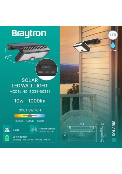 Solaris 10w Sensörlü Solar Led Duvar Apliği 3 Renk Seçenekli Beyaz