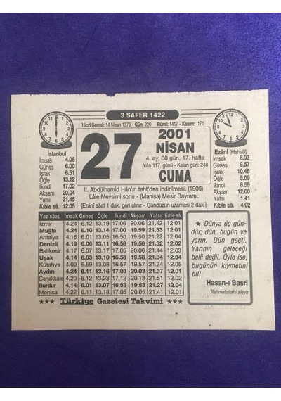 27 Nisan 2001 Takvim Yaprağı - Nostalji Koleksiyonluk Takvim Yaprağı B