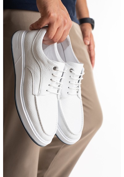 Fame Step Erkek Hakiki Deri Günlük Ayakkabı Modern Casual Kalın Taban Bağcıklı Bologna Beyaz