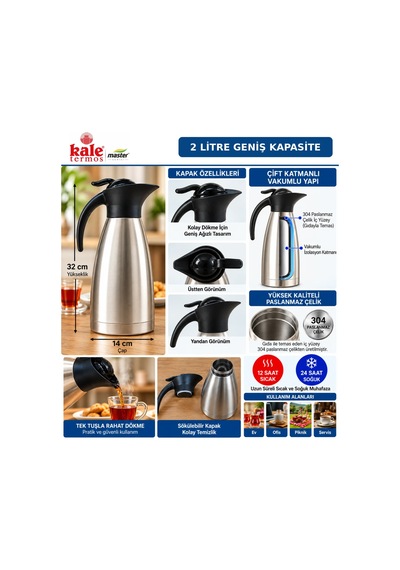 Kale Master 2 L Çelik Sürahi Termos Paslanmaz Çelik Vakumlu Termos, Sıcak Soğuk İçecek Servis Termosu, Çay Kahve Termosu-492 Gümüş
