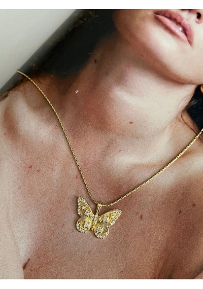Pinery Jewels Zirkon Taşlı Kelebek Kararmaz Çelik Kadın Gold Kolye Altın