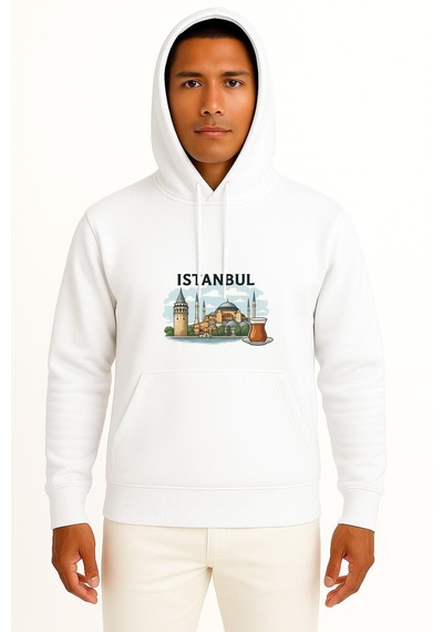 Bahriyeli Collection Kapüşonlu İstanbul - Ayasofya Camii Ve Çay Göğüs Tasarımlı Unisex Sweatshirt Beyaz