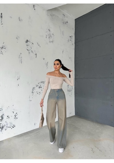 Zeo Basic Denim Baggy Pantolon Yandan Çapraz Dikişli Bej Tintli Bej