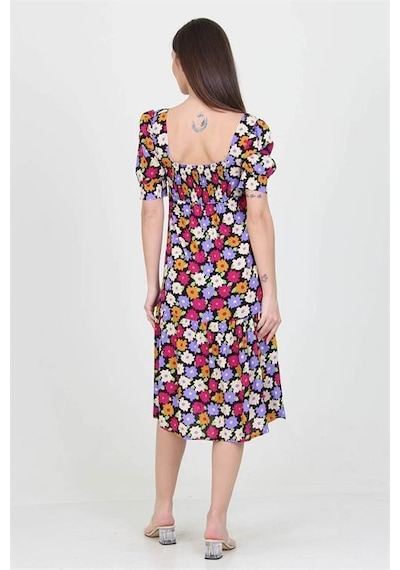 Dip Moda Kadın Kare Yaka Çiçek Desenli Viskon Elbise Dpnb10026 Lila