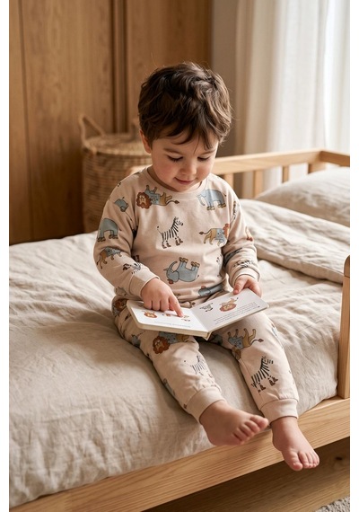 Zuzunga Sevimli Animal Aslan-zebra-fil Desenli Erkek Pijama Takımı Bej