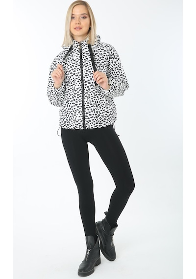 Ladies First Ladıes Fırst 6001-D02 Beyaz Siyah Desenli Şişme Mont Kapüşonlu