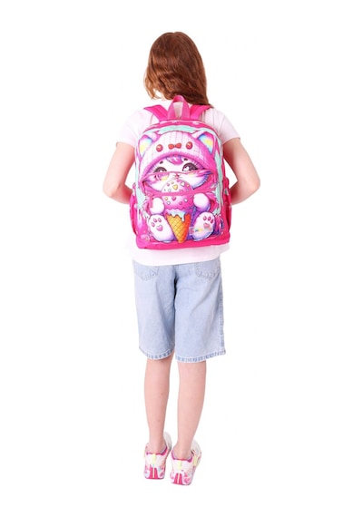 Kaukko Dört Bölmeli Kız Çocuk - Pembe - Dondurma Yiyen Kedi - İlkokul Okul Sırt Çantası - L5250 Pembe