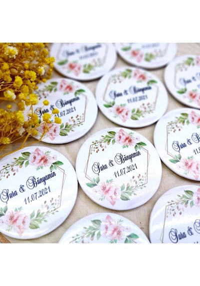 Açacak Magnet Nikah Şekeri Pembe Çiçek Uv Baskılı 30 Adet