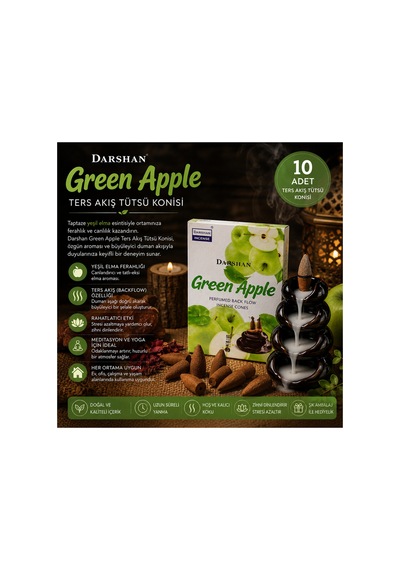 Darshan Green Apple Ters Akış Backflow Tütsü Konisi 10'lu Paket