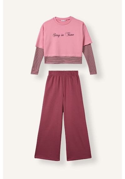Defacto Baskılı Katmanlı Görünümlü Sweatshirt Üst Geniş Paça Alt 2li Takım Kız Çocuk I7951a826aupn181 Pembe-pn181