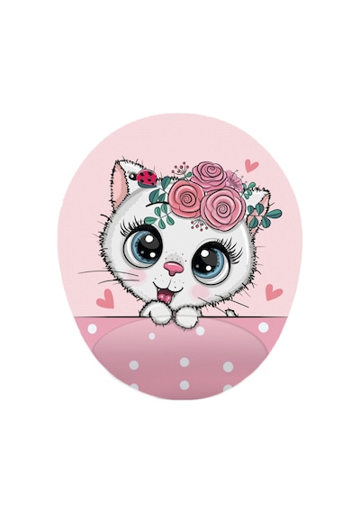 Pembe Sevimli Yavru Kedi Görselli - Bilek Destekli Oval Mouse Pad Mousepad