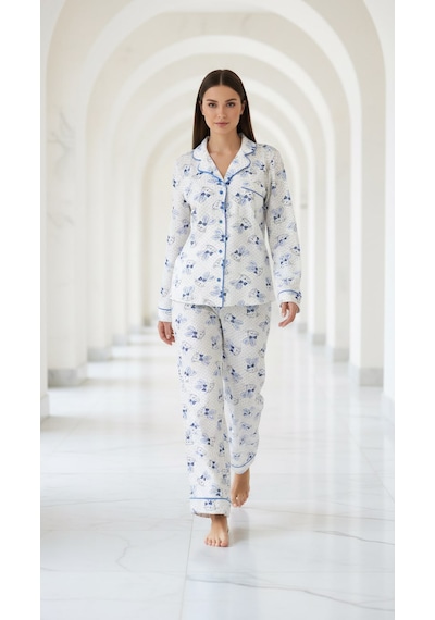 Divinus Tavşan Desenli Gömlek Yakalı Beyaz/mavi Kadın Pijama Takımı Beyaz - Mavi