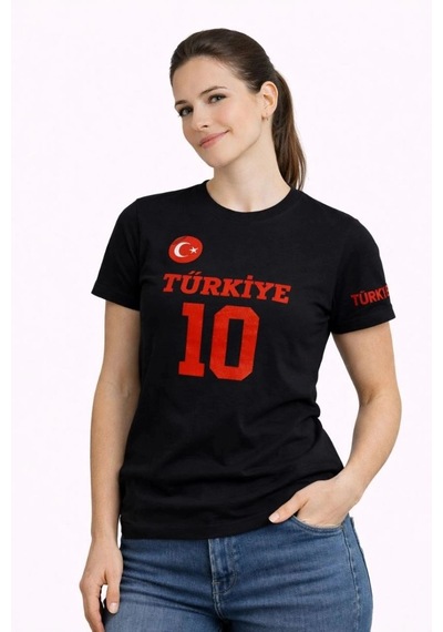 Freedom Store Kadın Türkiye Ay Yıldız Baskılı 10 Numara Forma Tişört Taraftar T-shirt - Siyah