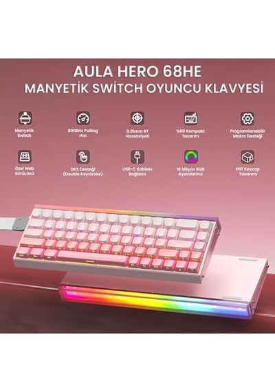 Hero 68 He Manyetik Klavye Trigger Switch 8000hz Rgb Neon Tkl Hot Swap Oyuncu Klavyesi Pembe