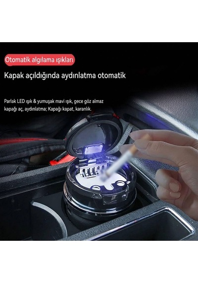Oto Küllük Bardaklık Uyumlu Mavi Led Işıklı Koku Sızdırmaz Kapaklı Araç İçi Küllük Gold Detaylı Universal