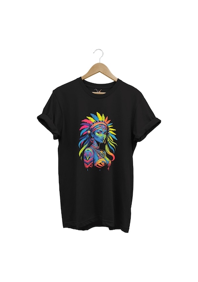 Renkli Kızılderili Baskılı %100 Pamuk Regular Fit Bisiklet Yaka Siyah T-shirt Siyah