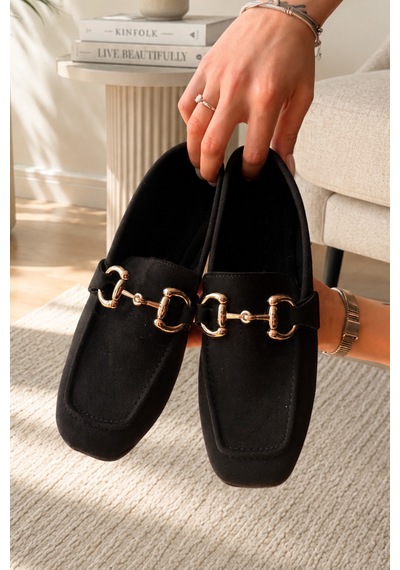 Kadın Loafer Makosen Metal Tokalı Nubuk Günlük Ayakkabı Siyah