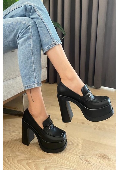 Kadın Siyah Deri İnce Tokalı Lofer Model 12 Cm Platform Topuklu Ayakkabı Siyah