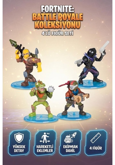 Fort-nite Battle Royal Yüksek Detaylı Haraketli Eklemli Ve Ekipmanlı 5 Cm 4'lü Oyuncak Figür Seti