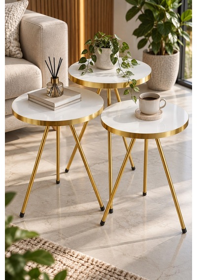 Sulorahome Gold Metal Ayaklı Beyaz 3'lü Zigon Sehpa Takımı Sehpalar Beyaz Ayakları Gold