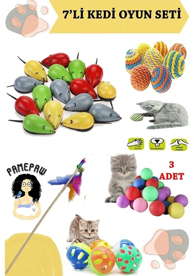 7'li Set : Kedi Çek Bırak Fare Oyuncağı , Sarma Top , Olta , 3'lü Mini Top , Çıngıraklı Top