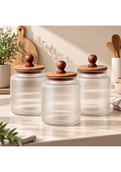 Tr 3'lü 1200 Ml Akasya Kapaklı Çizgili Cam Kavanoz Saklama Seti Diğer