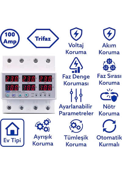 Tomzn Ayrışık Voltaj ve Akım Koruma Rölesi Gerilim Koruyucu 100A 3 Fazlı - Ev Tipi Trifaz