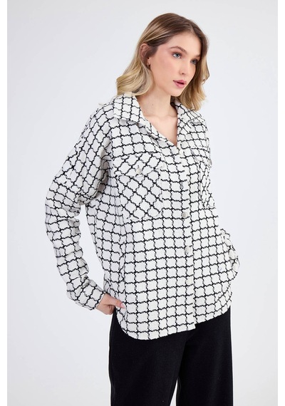Vitrin Kapak Cepli Desenli Oversize Gömlek Ekru