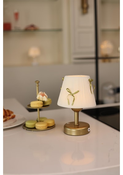 Krem Kadife Süet Gold Fiyonk Kablosuz Şarjlı Masa Lambası - Alt Eskitme Gold Eskitme Gold