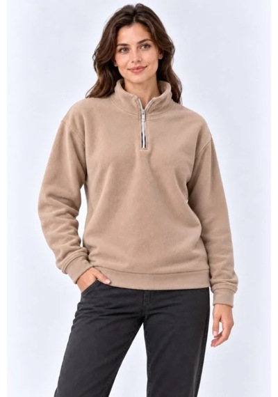 Butik İstanbul Polar Dik Yaka Yarım Fermuarlı Uzun Kollu Regular Fit Kışlık Sweatshirt - Bej