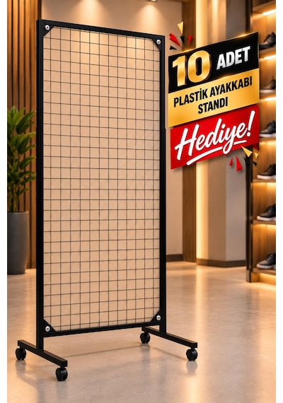 Tekerlekli Sık Telli Tel Raf - Tel Pano Stand, Duvar Askılığı-10 Adet Plastik Ayakkabı Standı Hediyeli 60x120 Cm 60 x 120 CM