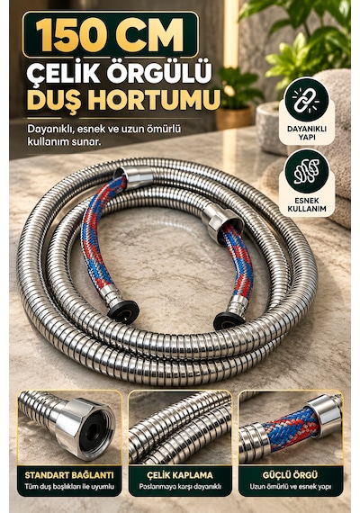 Duş Başlığı Duş Seti 5 Fonksiyonlu Yüksek Basınçlı Beyaz Çelik Örgülü Hortumlu Duvar Askılı Su Tasarruflu