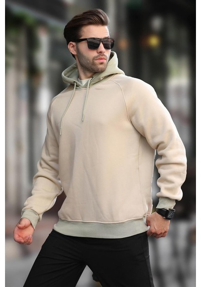Madmext Bej Renk Bloklu Kapüşonlu Sweatshirt 7073 Bej