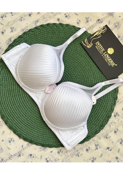 Evelyn Parlak Saten Çizgi Detaylı C Cup Balenli Desteksiz Önü Tül Beyaz