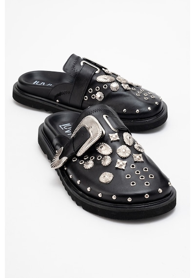 Luvishoes Luvi Shoes Maril Siyah Cilt Hakiki Deri Kemerli Tokalı Burnu Kapalı Kadın Terlik Siyah