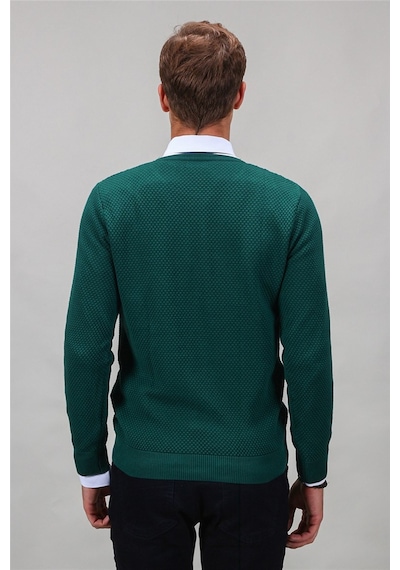 Tudors Slim Fit Dar Kesim Bisiklet Yaka Petek Desenli Erkek Kazak-16252 Yeşil