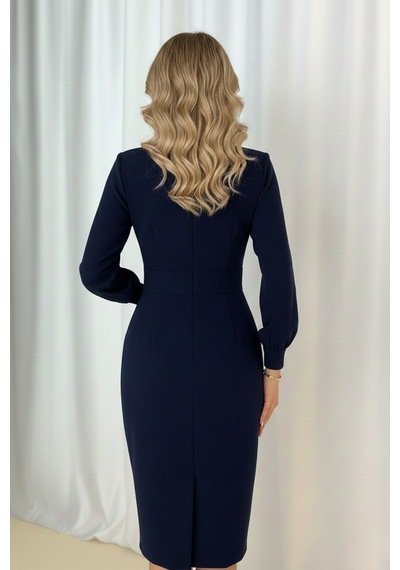 Defymoda Kadın Klasik Kesim Manşetli Elbise Lacivert