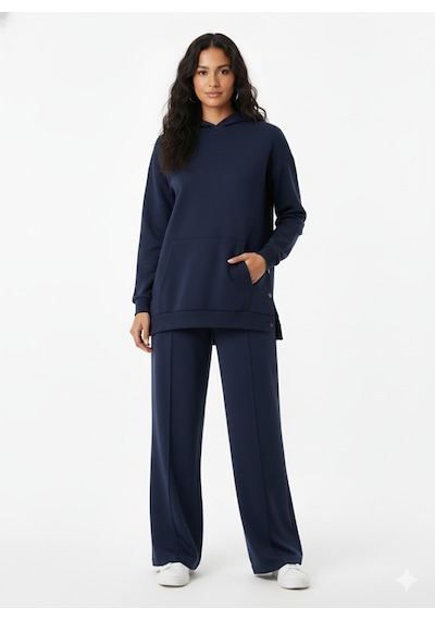 Soft&Basic Kapüşonlu Yanları Çıt Çıt Detaylı Sweatshirt Ve Nervürlü Pantolon Alt Üst Takım Lacivert