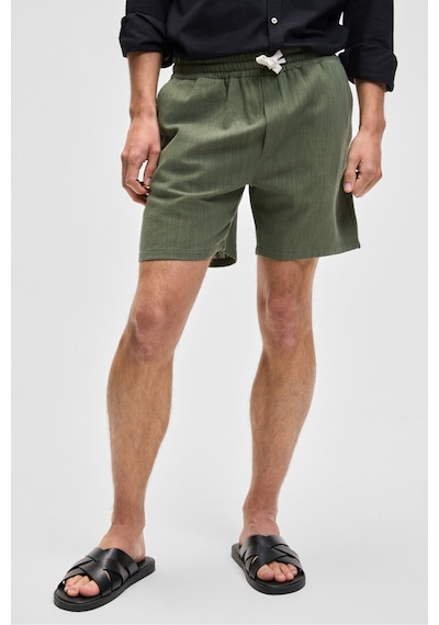 Grimelange LEYTON Erkek Relaxed Fit Çift Cepli Beli Lastikli Keten Karışımlı Dokuma Haki Şort & Bermuda