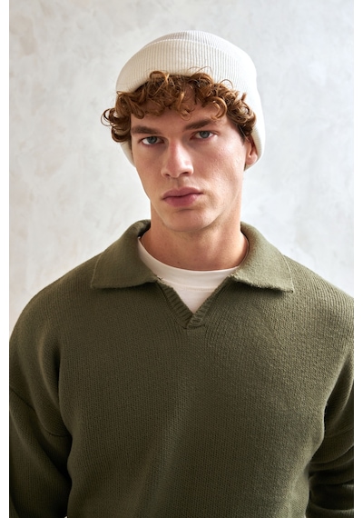 Erkek Polo Yaka Örme Oversize Kazak Yeşil