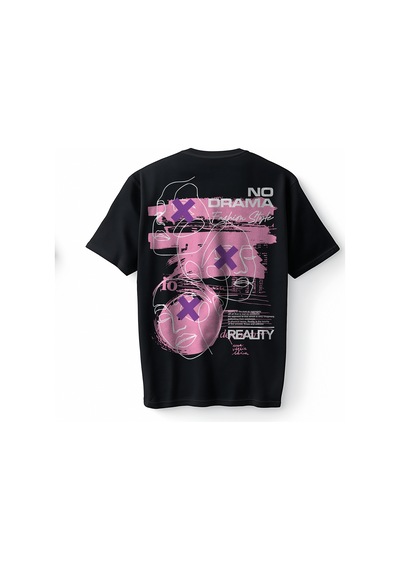 Bumeta No Drama Reality Pembe Grafik Yüz Oversize Unisex Tişört T-shirt Siyah