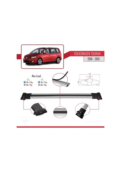 Volkswagen Touran 2010-2015 Arası İle Uyumlu Fly Model Ara Atkı Tavan Barı Gri