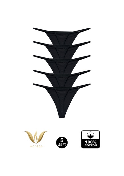 Wcreas Kadın İpli Tanga, Pamuklu Yumuşak Kumaş G-string Tanga 5'li Paket Siyah Siyah