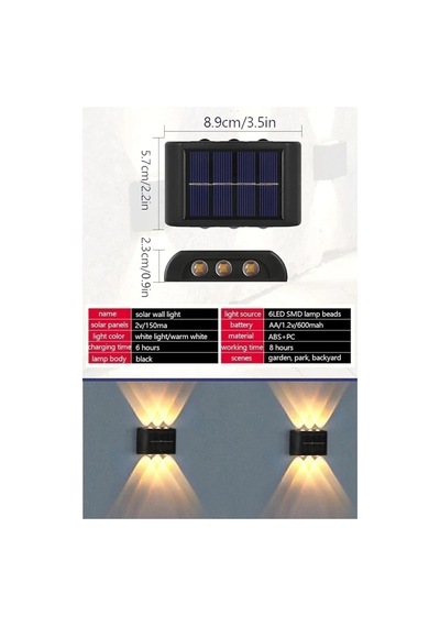2 Adet - Modern 6 Ledli Solar Çift Taraflı Aplik Güneş Enerjili Duvar Aydınlatma Lambası Gün Işığı Diğer