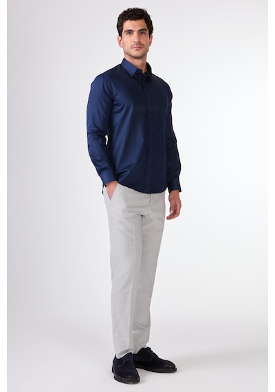 Dufy Lacivert Erkek Slim Fit Düz Düğmeli Yaka Uzun Kol Gömlek - 101514 Lacivert
