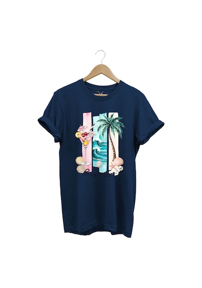Summer Vibes Yaz Temalı Kokteyl, Palmiye Ve Deniz Desenli %100 Pamuk Regular Fit T-shirt Lacivert