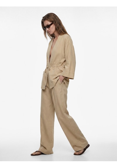 Koton Geniş Uzun Kollu Cepli Beli Bağcıklı Oversize Kimono Ceket Vizon 6sak50080pw