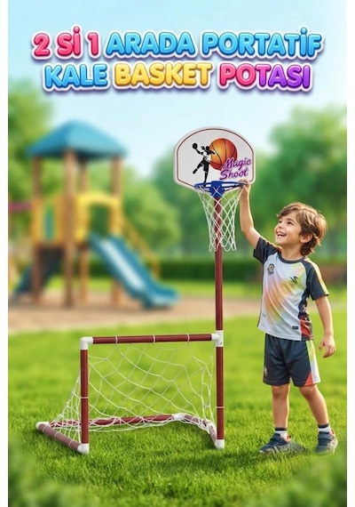 2'si 1 Arada Portatif Futbol Kalesi Ve Basketbol Potası Seti Eğlenceli Eğitici Spor Oyuncağı 126 Cm